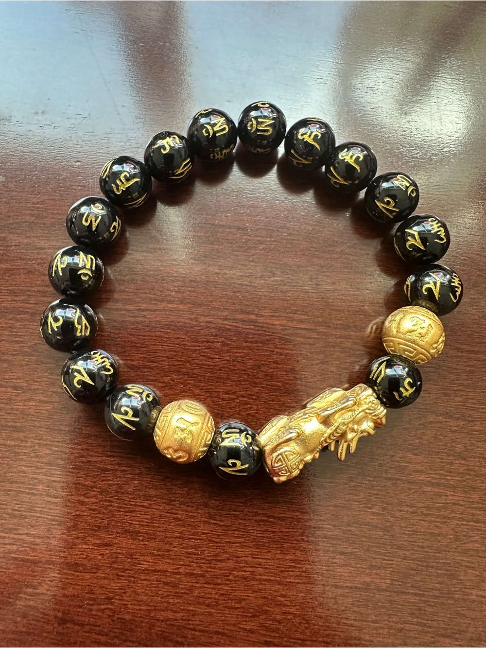 Buddha Stones FengShui Black Gold Pixiu Wealth Beaded Bracelet Adjustable